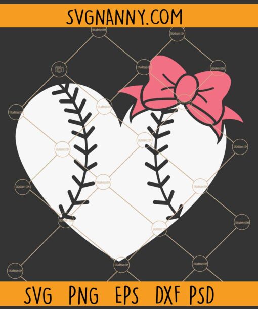 Baseball heart with bow svg, Baseball with Bow Svg, Baseball Svg, Baseball Heart svg