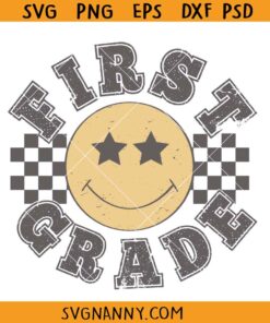 Retro first grade checkered smiley svg, Retro first grade smiley svg, First Grade SVG, Back To School SVG, First Grade Smiley SVG, First Grade Shirt SVG